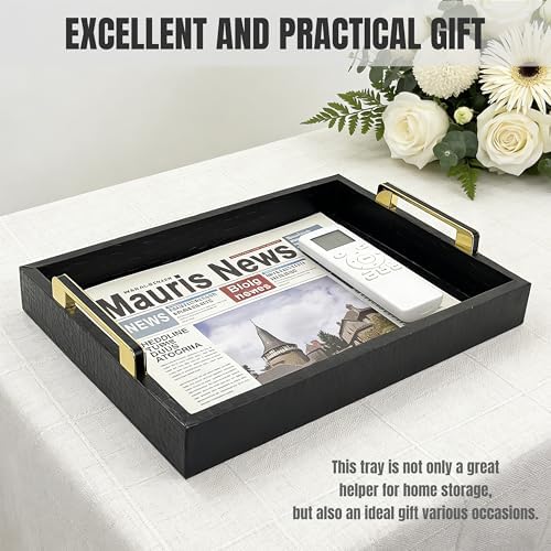 Luxury Faux Leather Serving Tray with Gold Handles, Black, 16x12