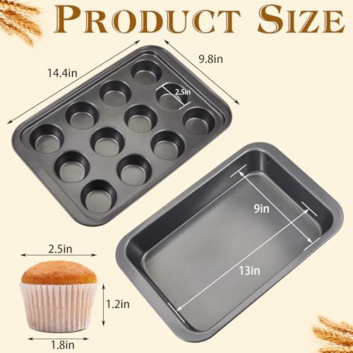 Qinyoung 2 Pcs 9" x 13" Cake Baking Pan with Lid 12 Cup Muffin Pan