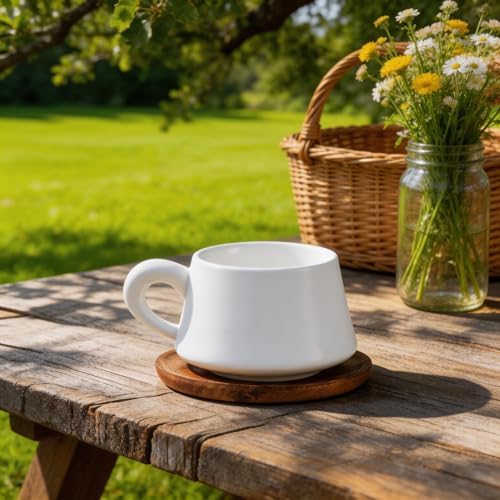 Set of 1 Ceramic Tea White Cup and Wood Saucer - 7 oz Tea Mug - Wide