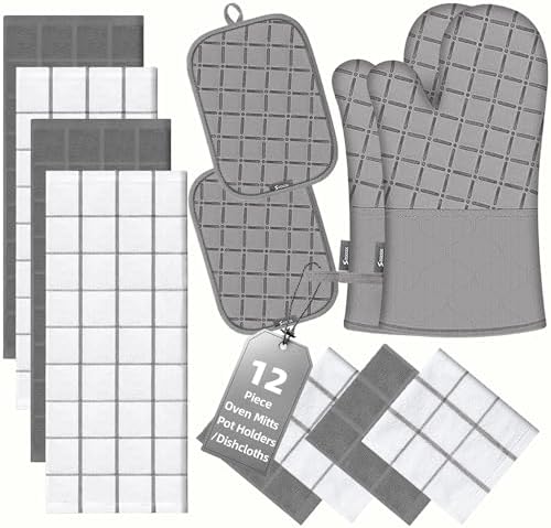 Oven Mitts, Kitchen Towels and Pot Holders Set, 500°F, Gray