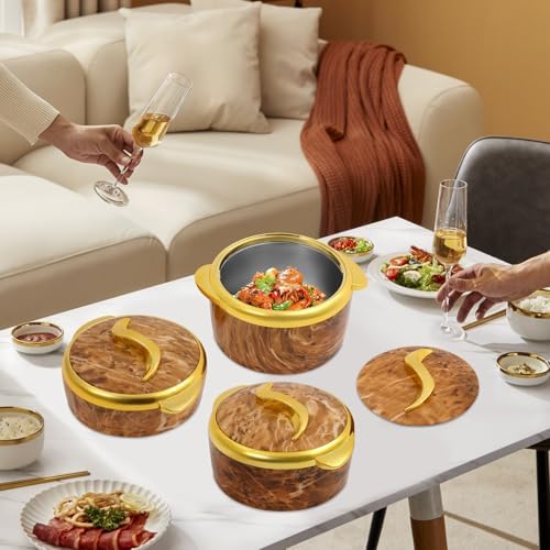 3 pc 1.5L /2L /2.5L Thermal Casserole Dish Set with Lids, Stainless Steel Inner Food Container for Hot & Cold Food Warmer, Insulated Serving Bowl for Buffets ,Parties,Good Christmas Gift,Brown