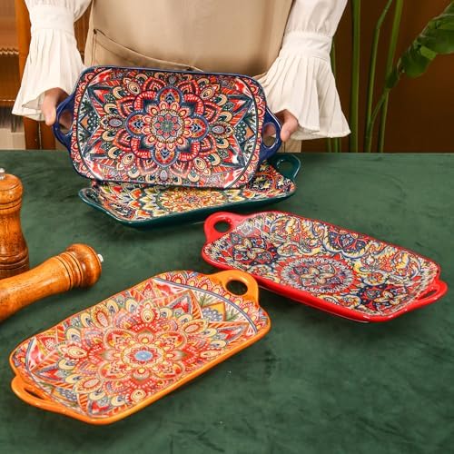 Boho Ceramic Serving Platters with Handles Set of 4, 12.59 Inch Large