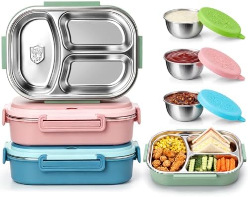 FoldTier 3 Pack Stainless Steel Lunch Boxes Include 3 Lidded Condiment