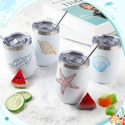 4 Sets Ocean Themed Beach Wine Tumbler 12 oz with Lid