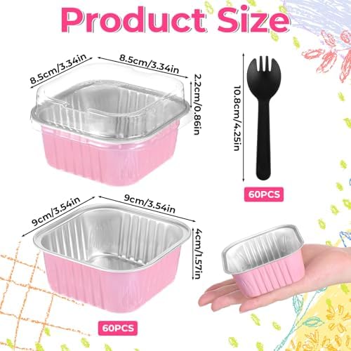 60 Pack 5oz Mini Cake Pans with Lids Aluminum Foil Square Baking Cups