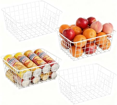 4 Pack White Wire Baskets for Pantry, 11" Upright Wire Freezer Storage