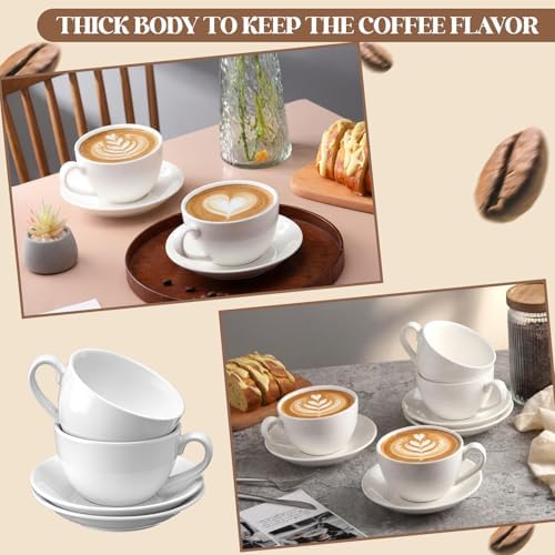 4 Set 16oz Cappuccino Cups with Saucers, Heavyweight Porcelain