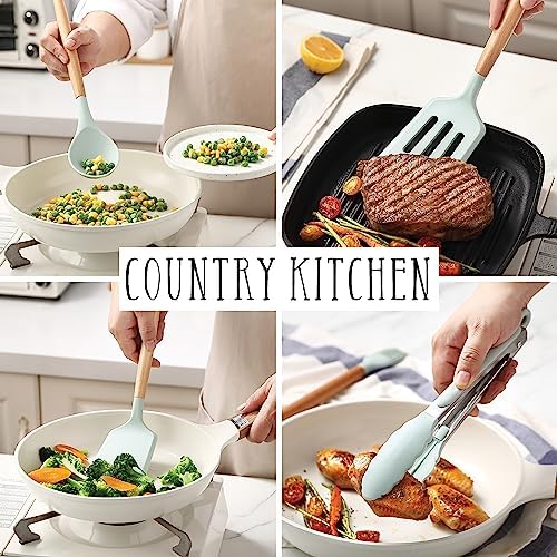 Country Kitchen Non Stick Silicone Utensil Set with Rounded Wood