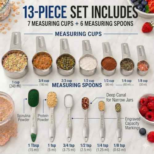 Stainless Steel Measuring Cups and Spoons Set, 13-Piece Metal Measuring Set with Engraved US & Metric Measurements, 7 Cups & 6 Spoons for Baking, Cooking & Meal Prep