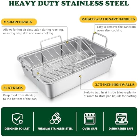 E-far Roasting Pan, 16 x 11.5 Inch Stainless Steel Turkey Roaster with
