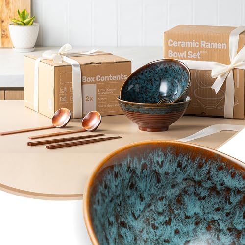 8 Inch Ceramic Ramen Bowl Set of 2, 40oz Japanese Bowls with Spoons &