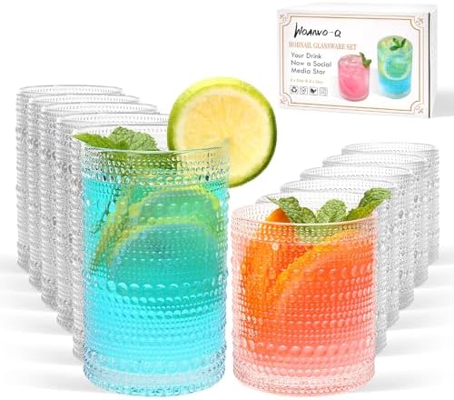 Hobnail Drinking Glasses, Tumbler Glassware, Set of 12