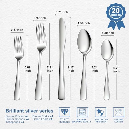 BEWOS 20 Piece Silverware Set - Stainless Steel Silverware Sets for 4