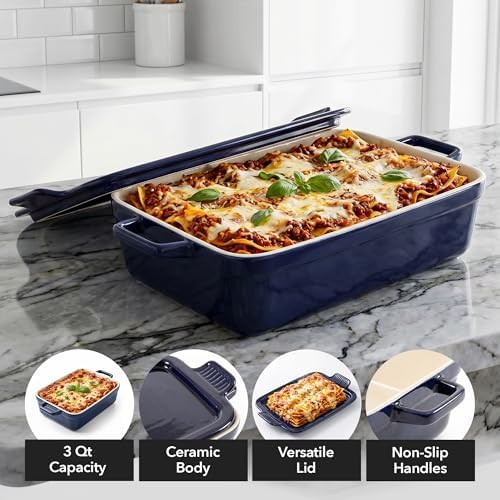 OVENTE 3 Qt Rectangular Ceramic Baking Dish with Lid, Blue BP13BL