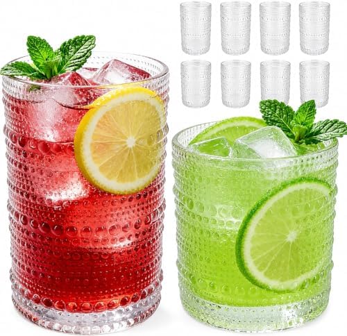 Hobnail Drinking Glasses Set of 8,Includes 12 oz beer glasses and