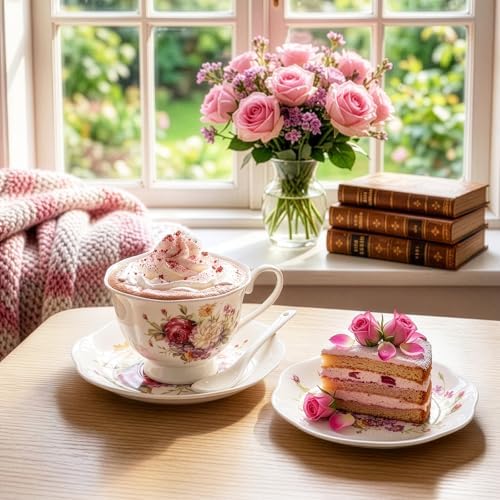 Foraineam Floral Tea Cup with Saucers and Spoons Set of 6 - Coffee