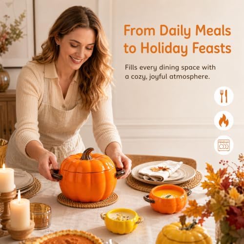 Pumpkin Dutch Oven Pot with Lid, Ceramic Pumpkin Casserole Pot, 1.8QT