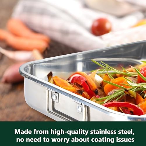 304 Stainless Steel Roasting Oven Pan: Roaster Pans With Rack & Handles 16.5 * 12.4 * 3 inches - Kitchen Baking Appliances for Turkey Chicken Beef - Kitchen Cookware Gifts for Women Homeowner