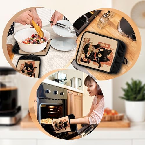 Japanese Sushi Ramen Black Cat Pot Holders, Set of 2