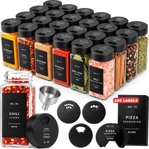 EDELHAUS Glass Spice Jars with Label and Black Sprinkle Lids