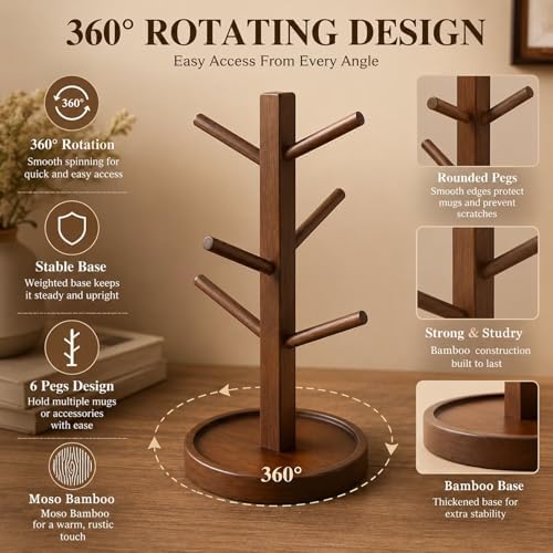 Sturdy Bamboo Mug Tree with Drip Tray, 4 Arm Rotating Cup Holder for