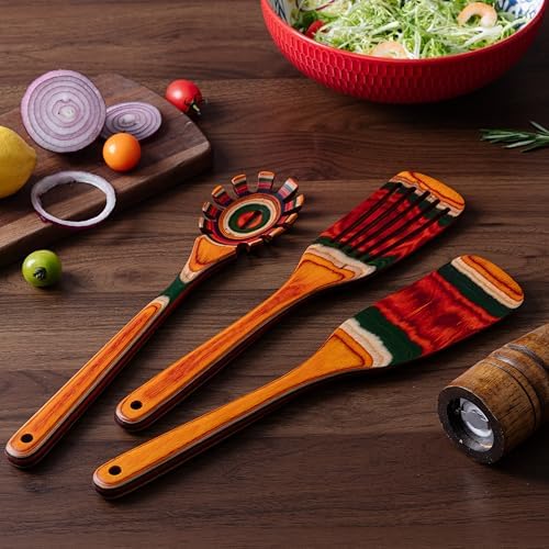 3-Piece Pakkawood Kitchen Utensil Set Includes Pasta Fork, Long Handle