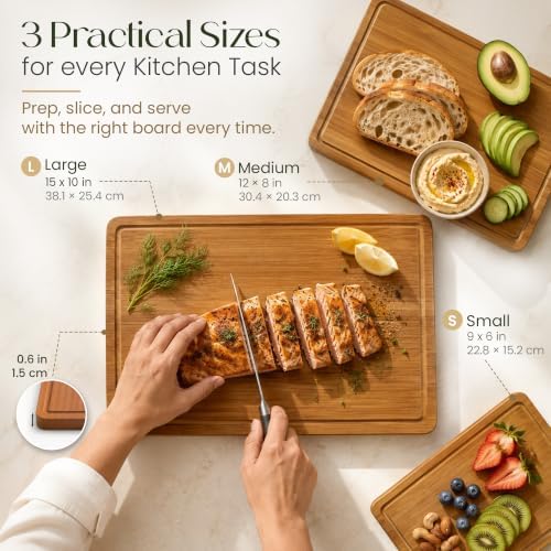 3-Piece Bamboo Cutting Boards - Large Wood Cutting Boards for Kitchen