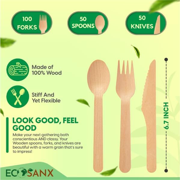 ECOSANX® 200 PCs Disposable Wooden Cutlery set 6.5" Splinter Free Compostable - Image 2