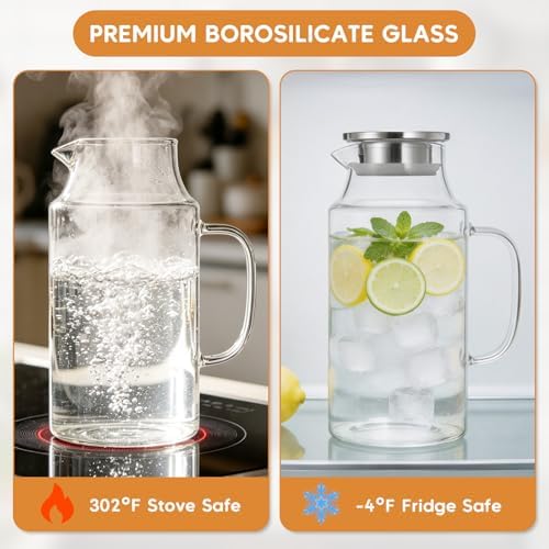 Short 2 Liter Glass Pitcher with Lid and Handle, 68 oz Borosilicate