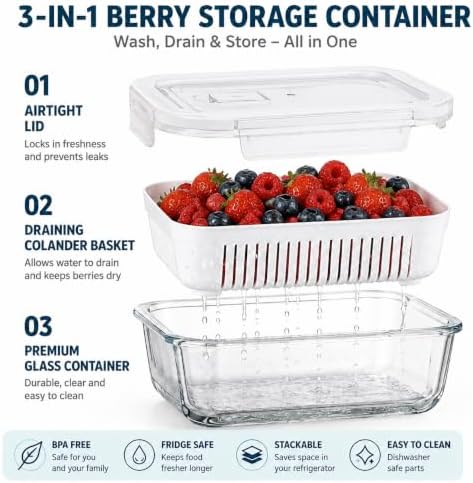 2 Pack 56oz Glass Berry Containers with Removable Colander