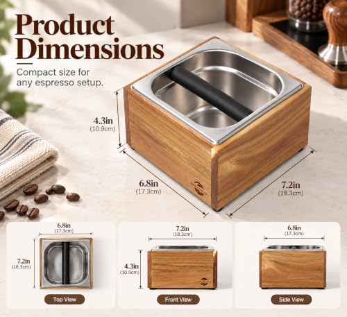 Large Acacia Wood Espresso Knock Box with Stainless Steel Interior