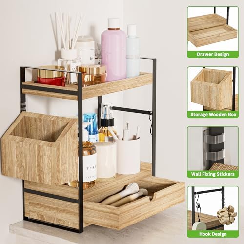 2-Tier Wooden Bathroom Counter Organizer with Drawer