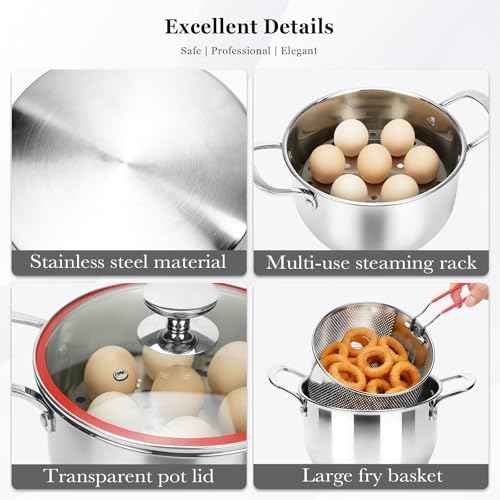 Deep Fryer Pot with Basket, Cooking Pot with Strainer Basket, 4.0L/4.2QT Multi-function Pot with Anti-scald Handle, Egg Steamer Rack & Lid, Stainless Steel Cookware for Home Kitchen Outdoor Camping