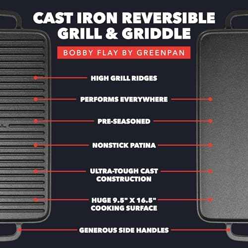 GreenPan x Bobby Flay 16.5 x 9.5 Cast Iron Reversible Double Burner Griddle