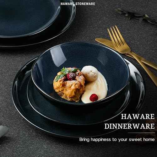 HaWare Plates and Bowls Set, Stoneware Dinnerware Sets, 24-Piece Hand-painted Dishware for 8, Ceramic Dinner Set for Home Kitchen, Microwave and Dishwasher Safe, Reactive Starry Blue