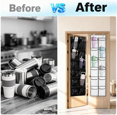 2-Pack Over-the-Door Water Bottle Organizer, 12 Pockets Each, Black &