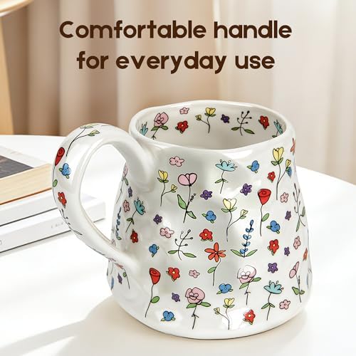 20 oz Large Coffee Mug, Cute Floral Ceramic Mug with Big Handle, White