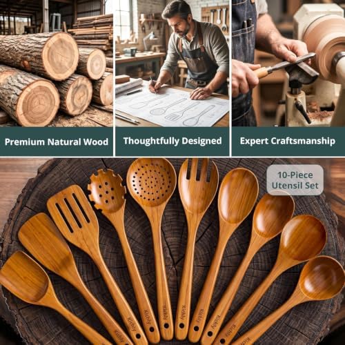 KICHLY Wooden Spoons Set, 10 Pack, Teak Wood Utensils Set for Cooking