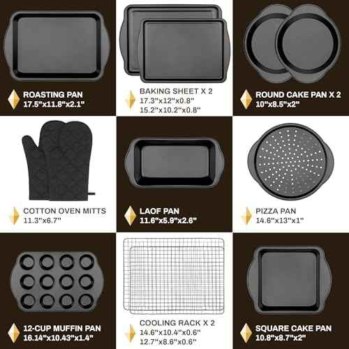 13 PCS Nonstick Bakeware Set - Carbon Steel Baking Pans Set with Dual Handles, Includes Roasting Pan, Pizza Pan, Cookie Sheet, Cake Pans, Muffin Pans, Cooling Rack, Oven Mitts, Non-Toxic