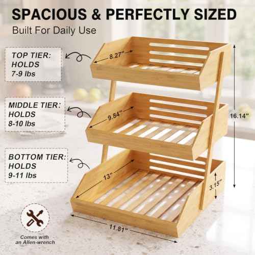 3 Tier Fruit Basket - Bamboo Fruit Bowl for Kitchen Counter, Large Tiered Storage for Bread Snacks Veggies, Durable & Easy to Assemble Stand for Countertop Organizer