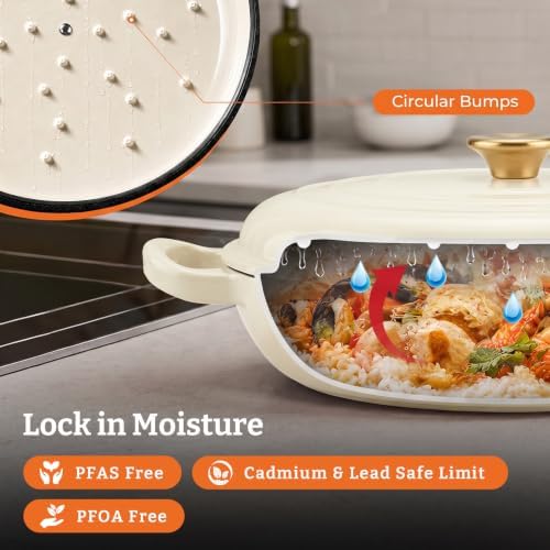 Parmedu Cast Iron Dutch Oven, 3.8 Quart, White, Shallow Braiser & Casserole