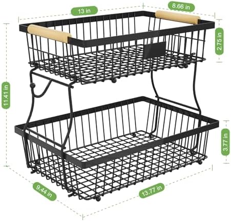 2 Tier Fruit Basket for Kitchen Counter with 2 Banana Hangers, Countertop Metal Bread Basket with Wooden Handle, Large Storage Stand for Vegetables, Snacks, Eggs, Produce Storage – Black