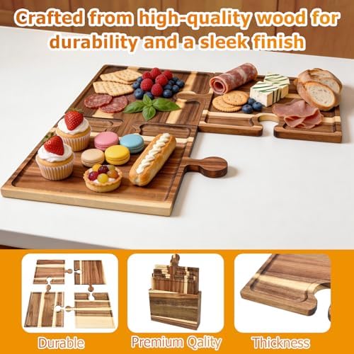 Puzzle Piece Charcuterie Board Set, 4-Piece Interlocking Acacia Wood Cheese Board & Appetizer Tray with Handles, Reversible Serving Platter for Party, Wine Night, Gift with Storage Box