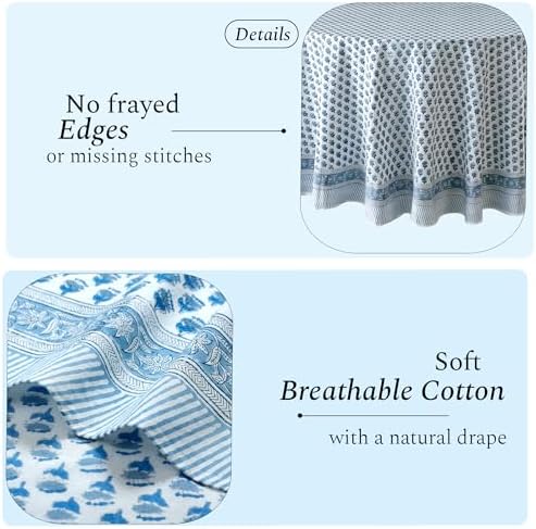CPC Apatite Blue Block Print Cotton Tablecloth Round 60 Inch Home