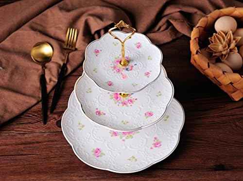 Jusalpha Embossed 3-tier Ceramic Cake Stand- Cupcake Stand with Golden