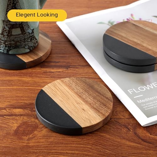 WLWNWFT Marble Acacia Wood Drinks Coasters Set of 4, Modern Rustic