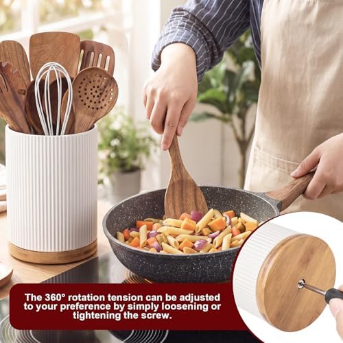 SiliFine 11 Pcs Wood Kitchen Utensils Set, 360° Rotating Holder, White