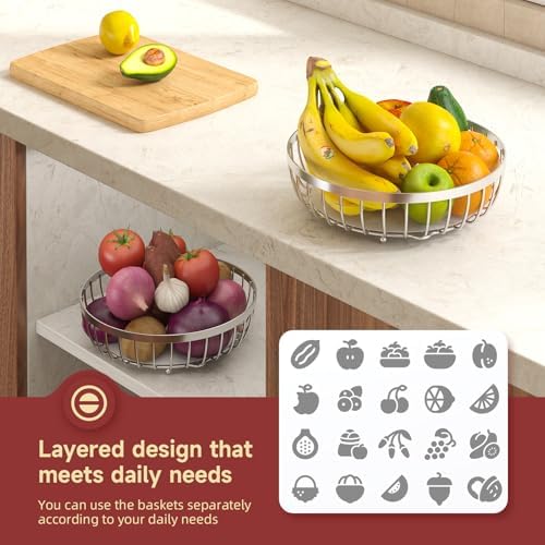 Sevenblue 2 Tier Fruit Bowl for Kitchen Counter, Silvery, Extra Large