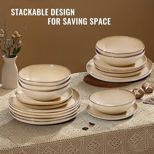 Herogo Dinnerware Sets for 8, 24pcs Stoneware Dinner Dish Set, Irregular Handmade Plates and Bowls Dishware, Microwave & Dishwasher Safe, Cream Khaki
