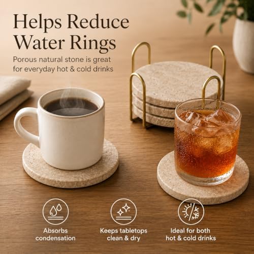 Travertine Coasters with Gold Holder, Set of 4 Natural Stone, Cork